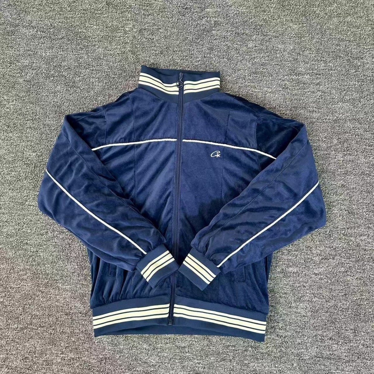 Jaqueta Corteiz VVS Uptown Velour Track Azul Marinho